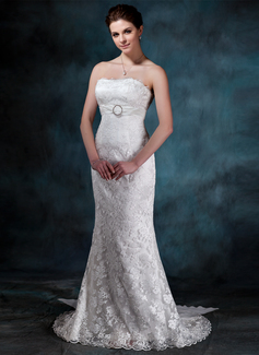 Sheath/Column Strapless Watteau Train Chiffon Charmeuse Lace Wedding Dress With Ruffle Lace Crystal Brooch (002000134)