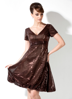 Empire V-neck Knee-Length Sequined Cocktail Dress With Ruffle (016008371)