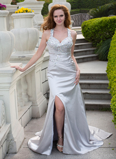 Mermaid Sweetheart Watteau Train Charmeuse Prom Dress With Ruffle Beading (018024666)