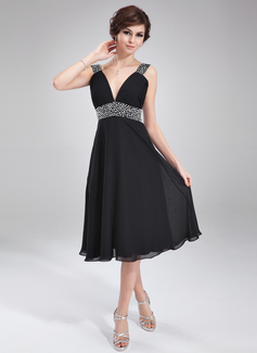 A-Line/Princess V-neck Tea-Length Chiffon Homecoming Dress With Ruffle Beading (022011115)