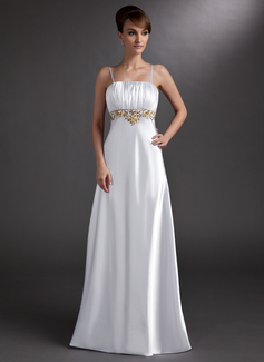 Empire Square Necklin Floor-Length Charmeuse Evening Dress With Embroidered Ruffle Beading (017002605)