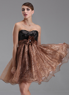 Empire Sweetheart Short/Mini Organza Charmeuse Sequined Cocktail Dress With Ruffle Beading Flower(s) (016008345)