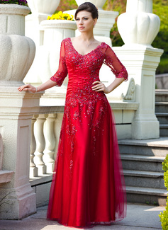 A-Line/Princess V-neck Floor-Length Tulle Charmeuse Mother of the Bride Dress With Lace Beading Sequins (008024566)