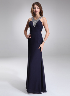 Sheath V-neck Floor-Length Chiffon Evening Dress With Ruffle Beading (017016868)