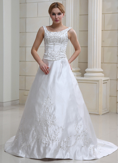 A-Line/Princess Scoop Neck Court Train Satin Wedding Dress With Embroidery Beadwork Sequins (002012681)