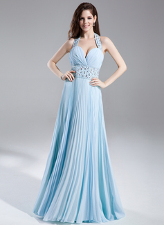 A-Line/Princess Halter Floor-Length Chiffon Prom Dress With Ruffle Beading (018015852)