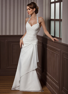 Sheath/Column Halter Floor-Length Chiffon Satin Wedding Dress With Ruffle Lace Beadwork Sequins (002012582)