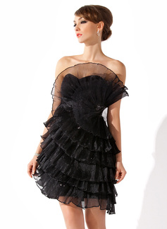 Sheath Scalloped Neck Short/Mini Organza Cocktail Dress With Ruffle Beading (016008258)