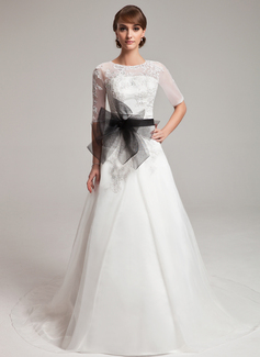 A-Line/Princess Scoop Neck Chapel Train Organza Lace Wedding Dress With Sashes Beadwork (002004752)