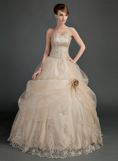 Ball-Gown Strapless Floor-Length Organza Satin Wedding Dress With Ruffle Lace Beadwork Flower(s) (002012000)
