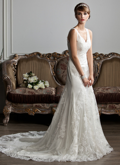 Mermaid V-neck Court Train Satin Tulle Wedding Dress With Ruffle Lace (002012719)