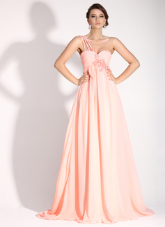 Empire One-Shoulder Sweep Train Chiffon Holiday Dress With Ruffle Beading Appliques (020016072)