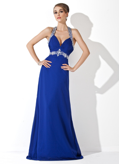 Sheath Halter Sweep Train Chiffon Holiday Dress With Ruffle Beading (020025952)