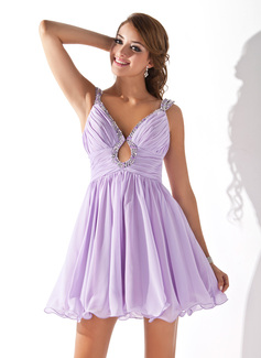 A-Line/Princess V-neck Short/Mini Chiffon Homecoming Dress With Ruffle Beading Sequins (022020919)