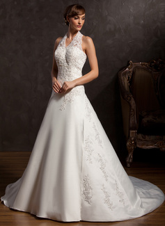 A-Line/Princess Halter Chapel Train Satin Wedding Dress With Embroidery Beadwork (002015162)