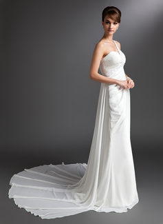 Sheath/Column One-Shoulder Watteau Train Chiffon Wedding Dress With Ruffle Beadwork (002012679)