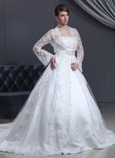 Ball-Gown Strapless Chapel Train Satin Tulle Wedding Dress With Lace (002012186)