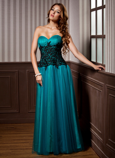A-Line/Princess Sweetheart Floor-Length Tulle Evening Dress With Ruffle Lace (017005816)