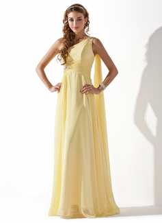 A-Line/Princess One-Shoulder Floor-Length Chiffon Holiday Dress With Ruffle Beading (020013793)