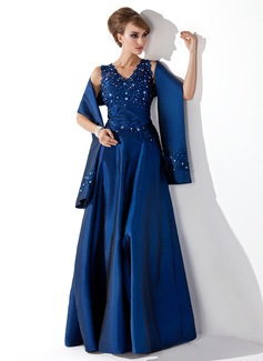 A-Line/Princess V-neck Floor-Length Taffeta Mother of the Bride Dress With Lace Beading Sequins (008013955)