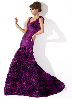 Mermaid Scoop Neck Court Train Taffeta Evening Dress With Ruffle Flower(s) (017013776)