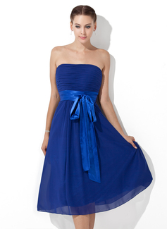 Empire Strapless Knee-Length Chiffon Charmeuse Bridesmaid Dress With Ruffle Sash (007000839)