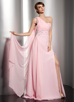 A-Line/Princess One-Shoulder Floor-Length Chiffon Holiday Dress With Ruffle Beading (020014544)