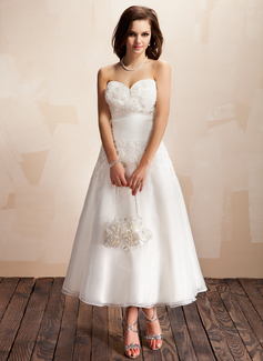A-Line/Princess Sweetheart Ankle-Length Organza Wedding Dress With Ruffle Lace Flower(s) (002012174)