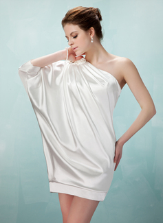 Sheath One-Shoulder Short/Mini Charmeuse Cocktail Dress With Ruffle Beading (016021260)