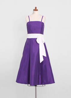 A-Line/Princess Tea-Length Taffeta Junior Bridesmaid Dress With Sash (009022499)