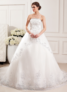 Ball-Gown Strapless Chapel Train Tulle Wedding Dress With Lace Beadwork Flower(s) Sequins (002019528)
