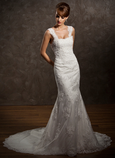 Mermaid Sweetheart Chapel Train Satin Tulle Wedding Dress With Lace Beadwork (002011449)