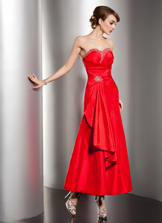 A-Line/Princess Sweetheart Tea-Length Taffeta Evening Dress With Ruffle Beading (017014496)