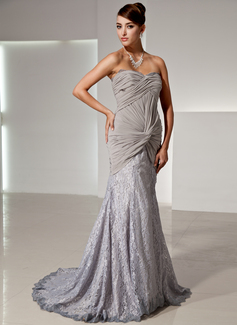 Mermaid Sweetheart Sweep Train Chiffon Lace Evening Dress With Ruffle (017014446)