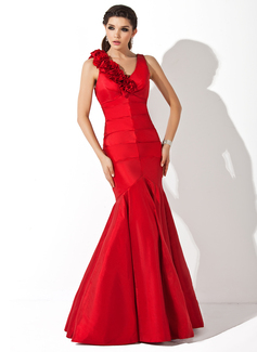 Mermaid V-neck Floor-Length Taffeta Evening Dress With Ruffle Flower(s) (017002546)