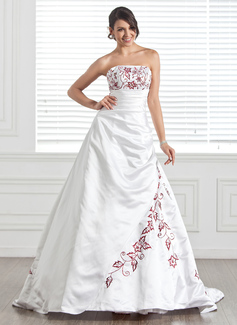A-Line/Princess Strapless Chapel Train Satin Wedding Dress With Embroidery Beadwork (002005282)