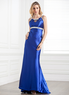 Sheath Scoop Neck Sweep Train Charmeuse Evening Dress With Ruffle Beading (017002274)