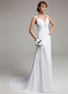 A-Line/Princess V-neck Court Train Chiffon Wedding Dress With Ruffle Beadwork (002012150)