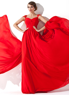 A-Line/Princess V-neck Watteau Train Chiffon Evening Dress With Ruffle Beading (017013781)
