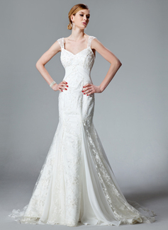 Mermaid V-neck Watteau Train Chiffon Charmeuse Lace Wedding Dress With Ruffle Beadwork (002000128)