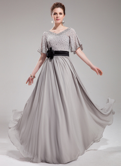 A-Line/Princess V-neck Floor-Length Chiffon Charmeuse Evening Dress With Sash Beading Flower(s) Sequins (017019724)
