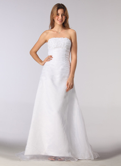 A-Line/Princess Strapless Court Train Organza Satin Wedding Dress With Ruffle Beadwork (002001219)