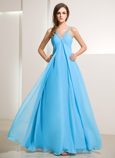 Empire V-neck Floor-Length Chiffon Holiday Dress With Ruffle Beading (020014211)