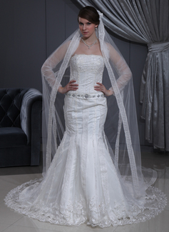Mermaid Strapless Chapel Train Satin Tulle Wedding Dress With Lace Beadwork (002011462)