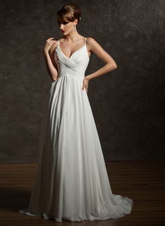 A-Line/Princess V-neck Court Train Chiffon Wedding Dress With Ruffle (002004750)