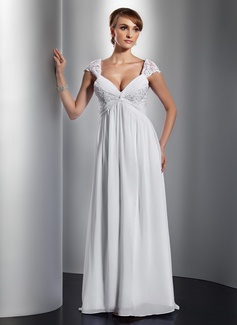 A-Line/Princess V-neck Sweep Train Chiffon Holiday Dress With Ruffle Lace Beading (020014757)