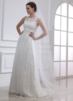 A-Line/Princess Scoop Neck Court Train Satin Tulle Wedding Dress With Lace Beadwork (002004543)