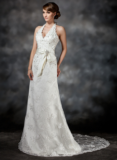 A-Line/Princess Halter Court Train Satin Lace Wedding Dress With Sashes Beadwork Sequins (002011503)