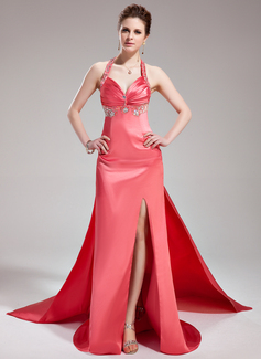 A-Line/Princess Halter Watteau Train Tulle Charmeuse Evening Dress With Ruffle Beading (017019578)
