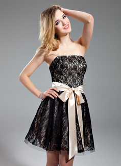 A-Line/Princess Strapless Short/Mini Charmeuse Lace Homecoming Dress (022019602)